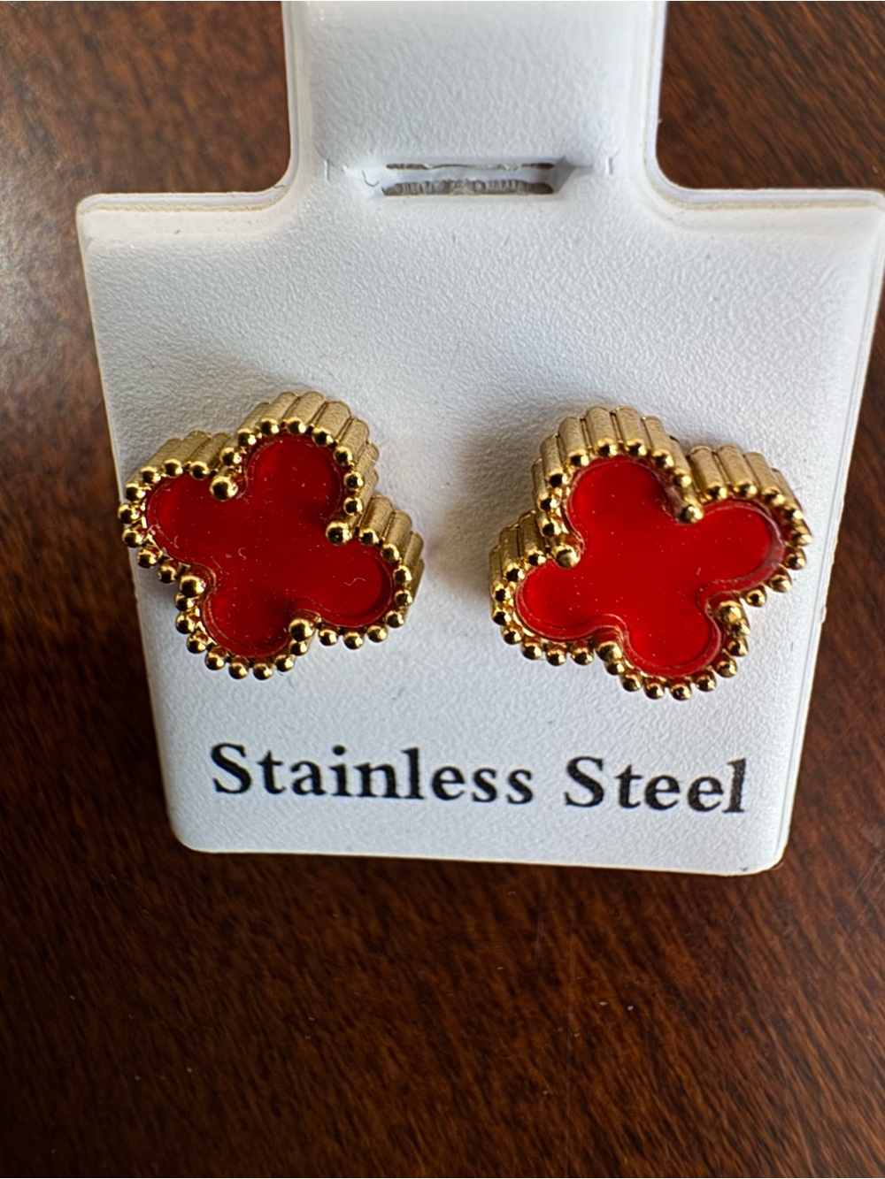 Gold-Tone Red Clover Stud Earrings - Stainless Steel